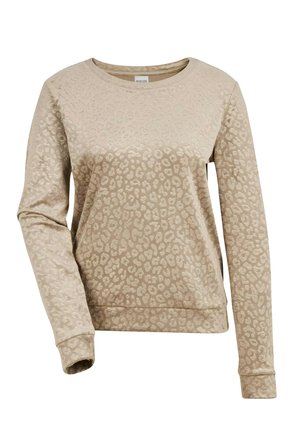 Beige Sweatshirt mit langen Ärmeln, dezentem Leopardenmuster und rundem Halsausschnitt.