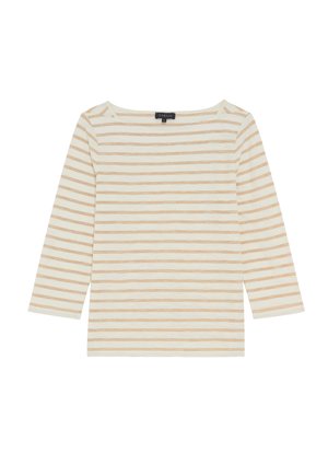 T-shirt à manches longues de couleur beige clair avec des rayures horizontales dans une teinte plus claire. Tissu doux avec un col rond et une coupe décontractée.
