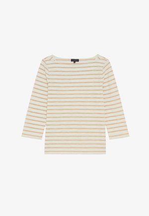 Jasnobeżowa bluzka z długim rękawem z poziomymi paskami w jaśniejszym odcieniu. Miękka tkanina z okrągłym dekoltem i luźnym krojem.