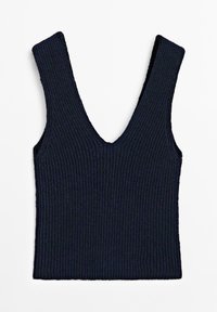 Námořnická modrá pletená tílko s hlubokým V-výstřihem, s výraznou rib černou texturou, širokými ramínky a upnutým střihem.