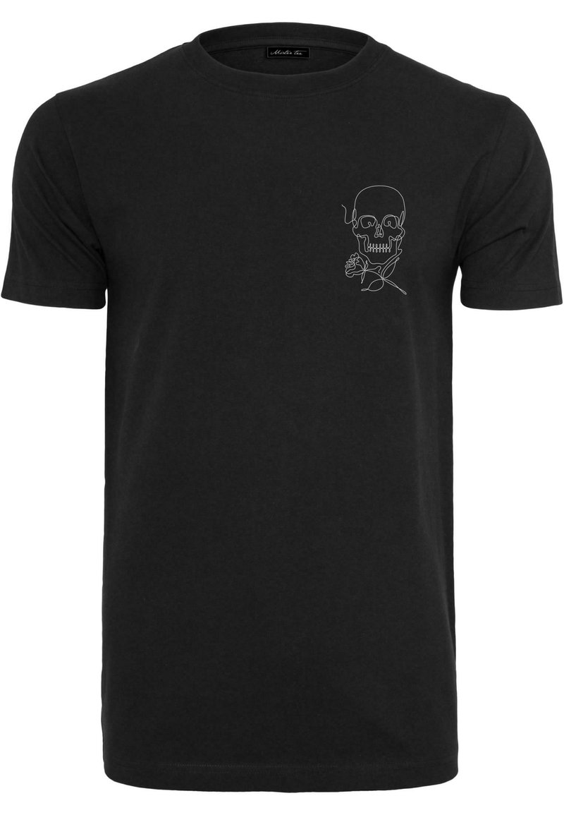 Black cotton t-shirt featuring short sleeves, a crew neck, and a white outlined skull design with a rose on the left chest area.