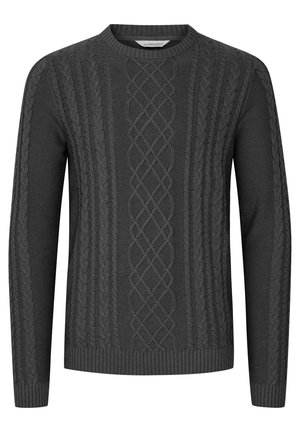 Pulover tricotat de culoare gri închis, cu un model de cabluri pe partea din față, gât rotund și manșete și tiv cu nervuri. Textură moale.