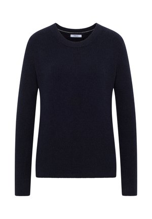 Marineblauwe gebreide trui met lange mouwen, ronde hals en textuur ribbels. Eenvoudig ontwerp, zacht materiaal, geen zichtbare patronen of hardware.