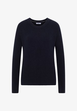Marineblauwe gebreide trui met lange mouwen, ronde hals en textuur ribbels. Eenvoudig ontwerp, zacht materiaal, geen zichtbare patronen of hardware.