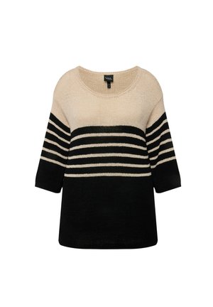 Mustan ja beige raidallisen villap userin löysä malli, pyöreä pääntie ja kolmannekselle hihnat, joissa on voimakkaita vaakaraitoja eri leveydessä.