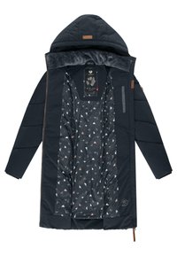Dark blue padded coat with a hood; features a patterned interior with triangles in grey, white, and pink; includes a zipper and leather accents.