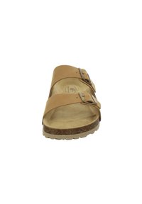 Brown leather sandal with two adjustable straps and metallic buckles. Soft footbed and light-brown rubber sole with textured grip.