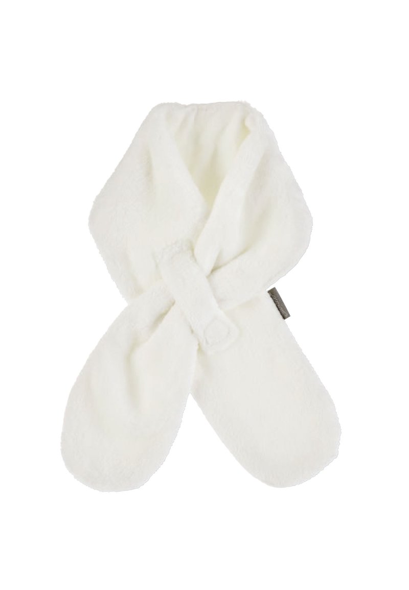 White plush robe with a soft texture, featuring a tied closure and a loop for hanging. Simple design, no patterns or additional accents.