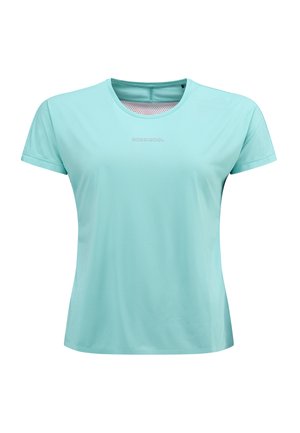 Jasnoniebieska koszulka sportowa z krótkim rękawem, wykonana z przewiewnego materiału. Posiada okrągły dekolt oraz dyskretną logo na piersi.