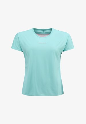 Jasnoniebieska koszulka sportowa z krótkim rękawem, wykonana z przewiewnego materiału. Posiada okrągły dekolt oraz dyskretną logo na piersi.