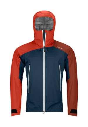 Wasserdichte Jacke mit roter Kapuze und Ärmeln, marineblauer Brust, Frontreißverschluss, zwei Reißverschlusstaschen und verstellbaren Handgelenkriemen.
