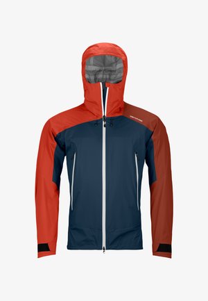 Wasserdichte Jacke mit roter Kapuze und Ärmeln, marineblauer Brust, Frontreißverschluss, zwei Reißverschlusstaschen und verstellbaren Handgelenkriemen.