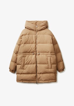 Beige Pufferjacke mit Kapuze, mit Reißverschluss, zwei Fronttaschen und elastischen Bündchen. Der Stoff ist glatt und isoliert.