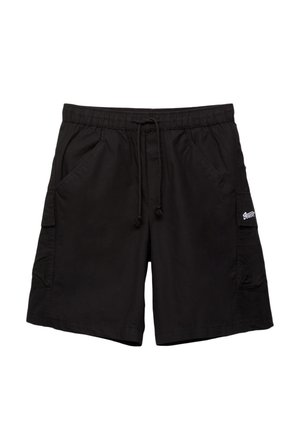 Mustat uimap shortsit, jotka on valmistettu kevyestä kankaasta, ja joissa on joustava vyötärö, nauhakuulokkeet, sivutaskut ja pieni logopatchi sivulla.