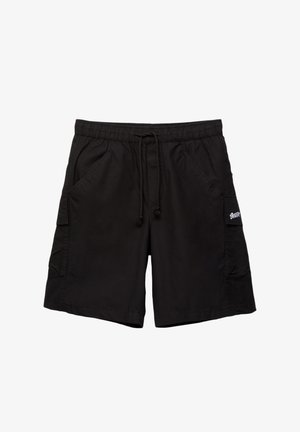 Sorte badeshorts lavet af letvægtsstof, med elastisk talje og snor, sidelommer og et lille logo-patch på siden.