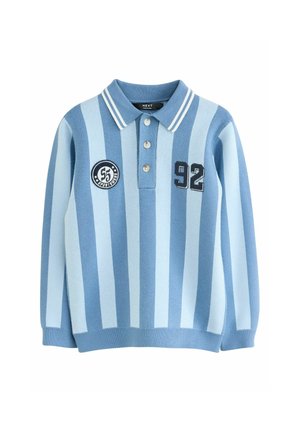 Blue and light blue vertical striped long-sleeve polo shirt with buttons, collar, and patches reading "55" and "92" on the chest.