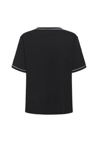 Sort kortærmet t-shirt med rund hals og hvid piping langs ærmerne og halsen. Fremstillet af et glat, let materiale.