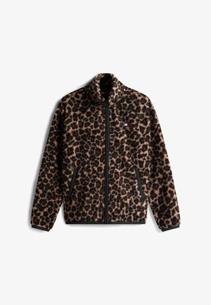 Jakke i leopardprik med fuld lynlås foran, høj krave, sidelommer og et lille rektangulært logo på brystet.