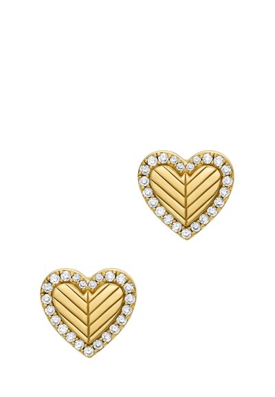 Guldörhängen i hjärtform med ribbat mönster, omgivna av en gloria av glittrande klara ädelstenar. Slät yta och polerad finish.