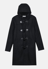 Abrigo duffle negro con capucha, hecho de lana. Presenta cierres de toggles de cuerno, dos bolsillos laterales y una textura suave.