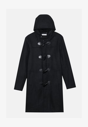 Sort duffelcoat med hætte, lavet af uld. Har horn-toggle lukninger, to sidelommer og en glat overflade.