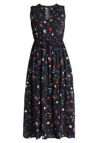 Abito lungo floreale nero con design senza maniche, vita elastica e gonna a strati con motivi floreali rossi, bianchi e blu.
