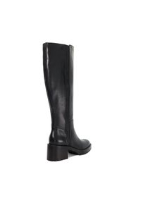 Tall black leather boot with block heel and textured sole, viewed from back-right side on white background.