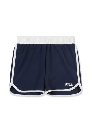 Pantalones cortos deportivos azul marino con cinturilla elástica blanca, ribete blanco a lo largo de los bordes y logo blanco de FILA en la parte delantera de la pierna derecha.