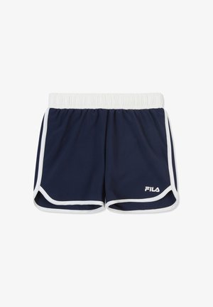 Shorts de sport bleu marine avec une taille élastique blanche, un bord blanc le long des contours, et un logo FILA blanc sur la partie avant de la jambe droite.