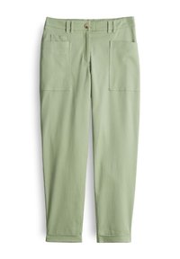 Pantalon décontracté vert clair avec taille haute, bouton sur le devant, passants pour ceinture, deux grandes poches carrées à l'avant et chevilles retroussées.