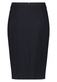 Jupe crayon noire longueur genou avec fermeture éclair au dos et taille ajustée, design uni, vue de face sur fond blanc.