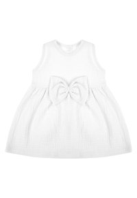 Biała sukienka bez rękawów wykonana z teksturowanej tkaniny, z dużą kokardą w talii, rozkloszowanym dołem i okrągłym dekoltem.