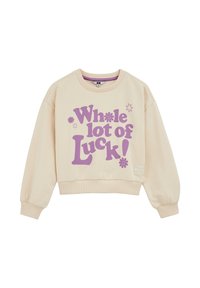 Krémová mikina s potlačou vo fialovej farbe s nápisom „Celá dávka šťastia!“ doplnená malými kvetinovými a hviezdičkovými motívmi. Má rebrované manžety a lem.