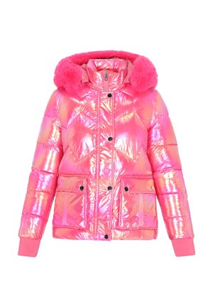 Vaaleanpunainen toppatakki kiiltävästä, sateenkaarenhohtoisesta kankaasta, tekoturkistettu hupulla, vetoketjullinen edestä ja joustavat hihansuut. Varustettu painonapeilla.