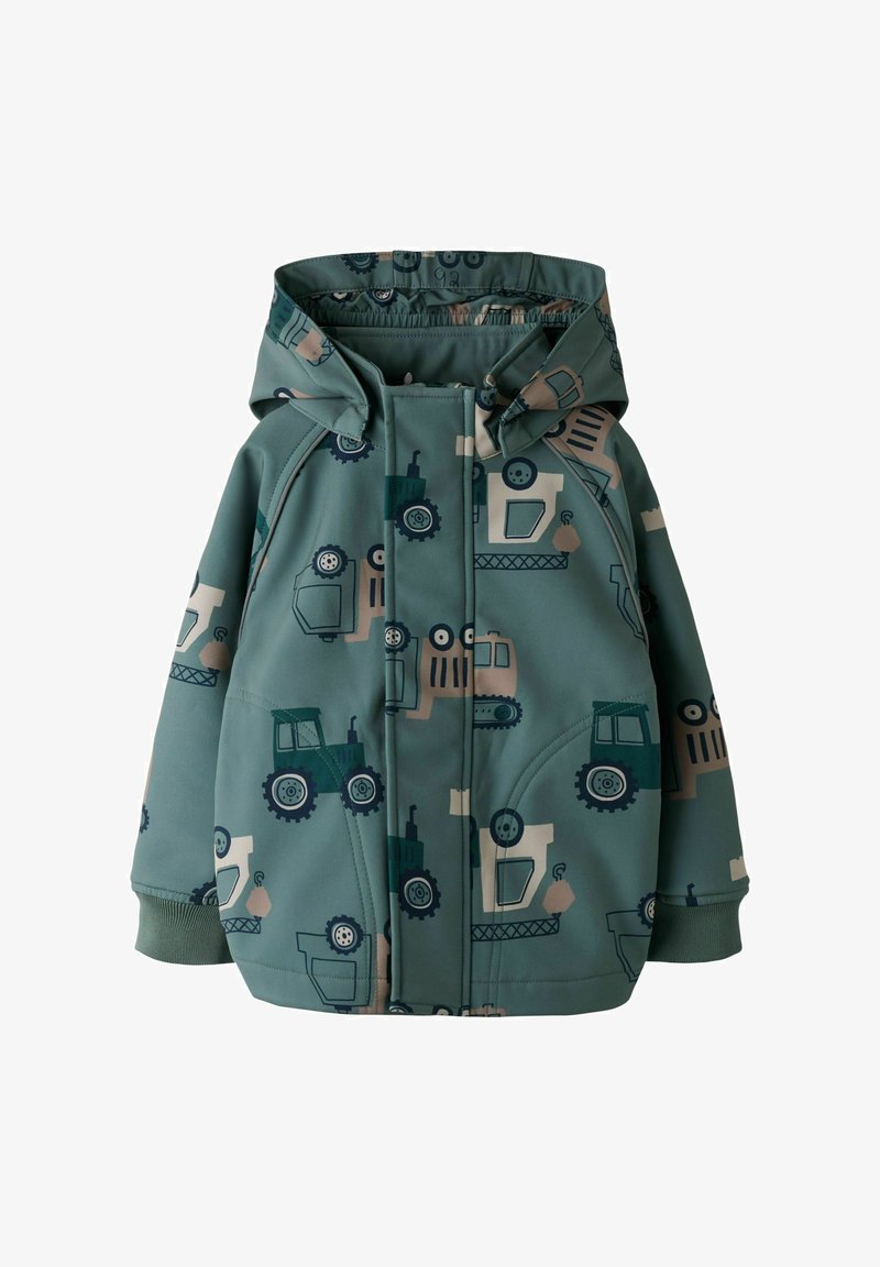 Chaqueta verde con capucha para niños, con cremallera, y un patrón de varios vehículos de construcción en beige y verde oscuro.