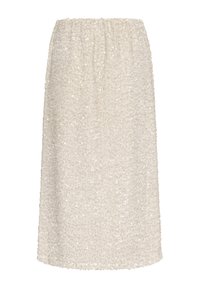 Beige midi szoknya elasztikus derékrésszel, textúrált felülettel, apró flitterekkel díszítve, amelyek csillogó hatást keltenek.