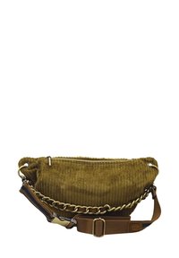 Sac en velours côtelé vert olive avec fermeture éclair sur le dessus, featuring une chaîne en métal et une sangle en tissu, surface texturée et forme arrondie.