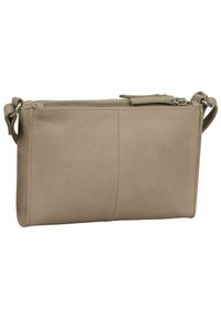Rektangulær læderclutch i lys taupe med en glat tekstur. Har en lynlåslukning og et aftageligt bånd på siden.
