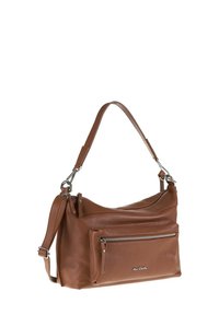 Borsa a tracolla in pelle marrone con finitura testurizzata, dotata di tasca frontale con zip, tracolla regolabile e dettagli in metallo argentato.