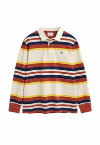 Polo shirt met lange mouwen, voorzien van horizontale strepen in rood, marineblauw, geel en wit. Gemaakt van zachte stof met een kraag.