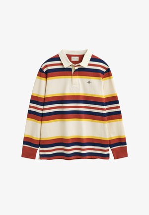 T-shirt polo à manches longues, avec des rayures horizontales en rouge, marine, jaune et blanc. Fabriqué en tissu doux avec un col.