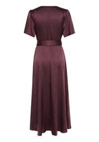 Burgundy midi dress with short sleeves, cinched waist, flared skirt, and a smooth, glossy texture. Features a belt at the waist.