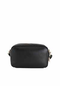 Borsa a mano nera in materiale sintetico con forma rettangolare, esterno testurizzato, dettagli in metallo dorato e chiusura con zip superiore.