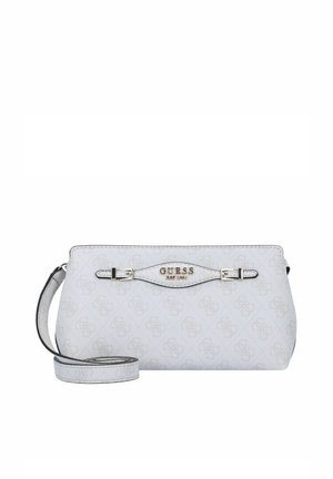 Borsa a tracolla bianca con motivo logo in rilievo, dettali in argento e tracolla regolabile. Texture liscia, forma rettangolare e brandizzazione discreta.