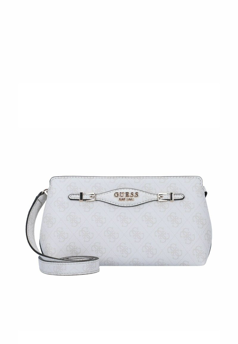 Borsa a tracolla bianca con motivo logo in rilievo, dettali in argento e tracolla regolabile. Texture liscia, forma rettangolare e brandizzazione discreta.