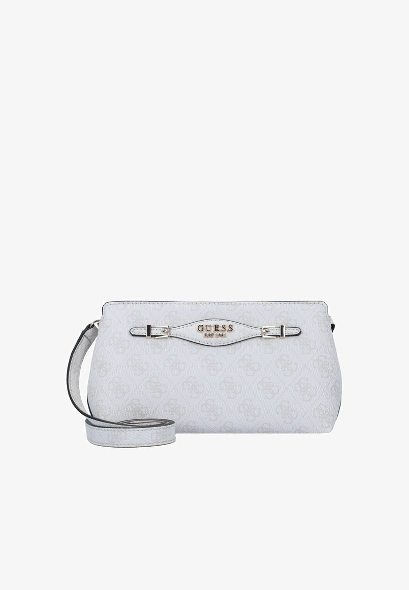 Borsa a tracolla bianca con motivo logo in rilievo, dettali in argento e tracolla regolabile. Texture liscia, forma rettangolare e brandizzazione discreta.