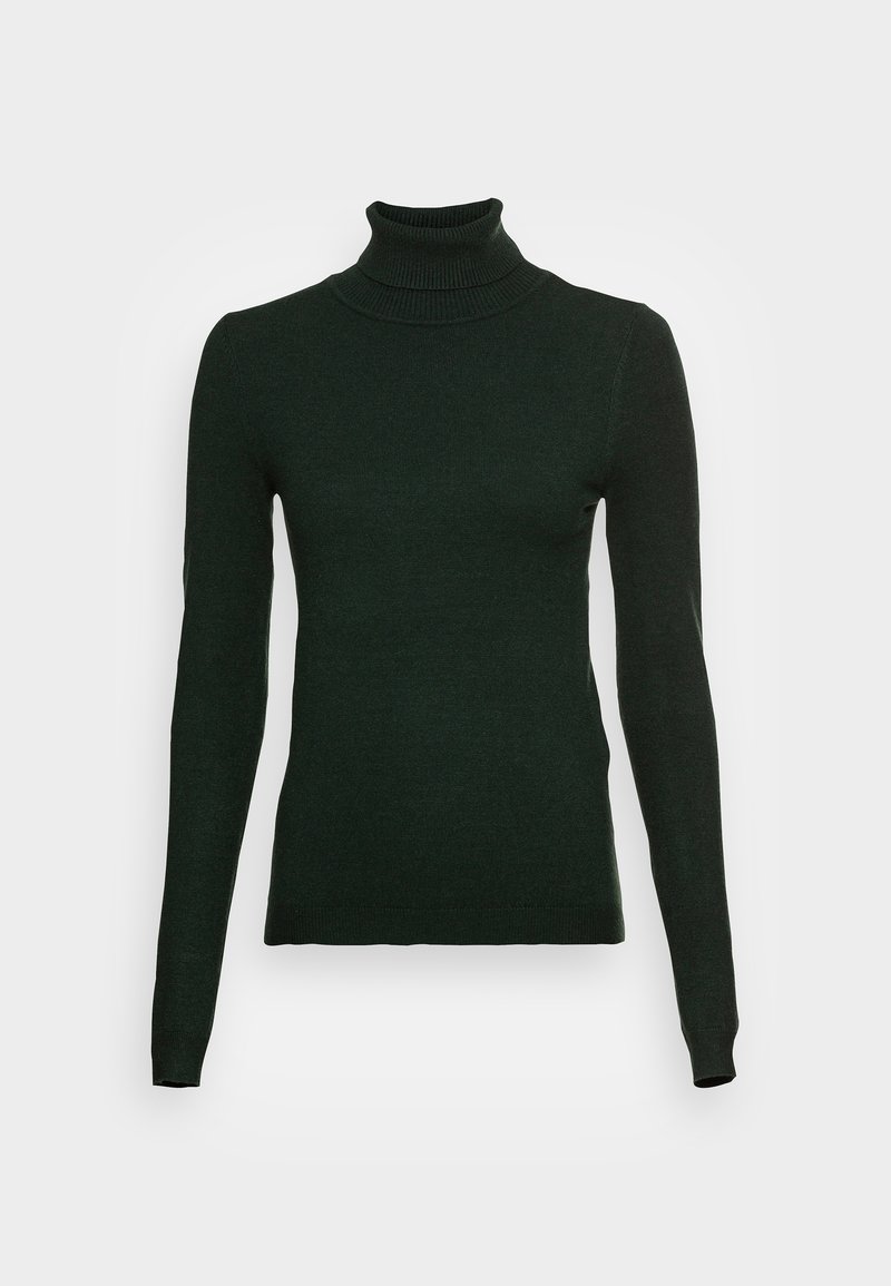 Temno zelena pulover s turtleneck iz fine pletene tkanine, ki ima dolge rokave in oprijet kroj z rebrastim ovratnikom in robom.