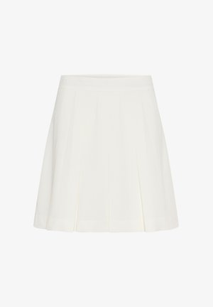 Fehér rakott szoknya lapos derékkal, könnyű anyagból készült, diszkrét varrásokkal és sima textúrával.