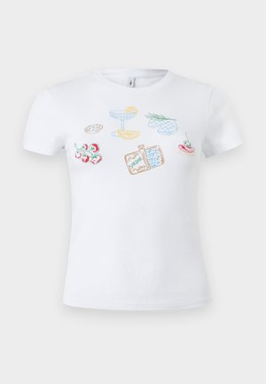 Valge T-särk värvikate joonejoonistega kirsstomatitest, kokteiliklaas sidruniga, sardiinitünn, ürdid ja väike suupiste oliiviga.