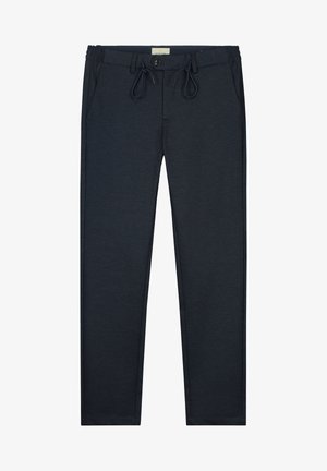 navy blaue Hose aus einem weichen, strukturierten Stoff mit einem elastischen Bund, Kordelzug und zwei Seitentaschen.